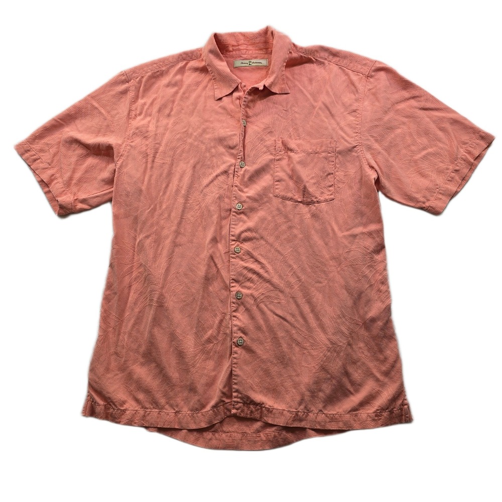 Tommy Bahama Silk Camp Shirt Mens Large Salmon Pink Jacquard‎ Palm Leaf Hawaiian